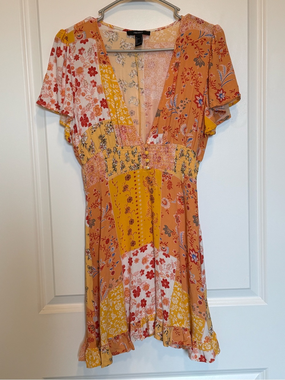 Forever 21 Yellow & Orange Floral Patchwork Mini Dress Fall Festival